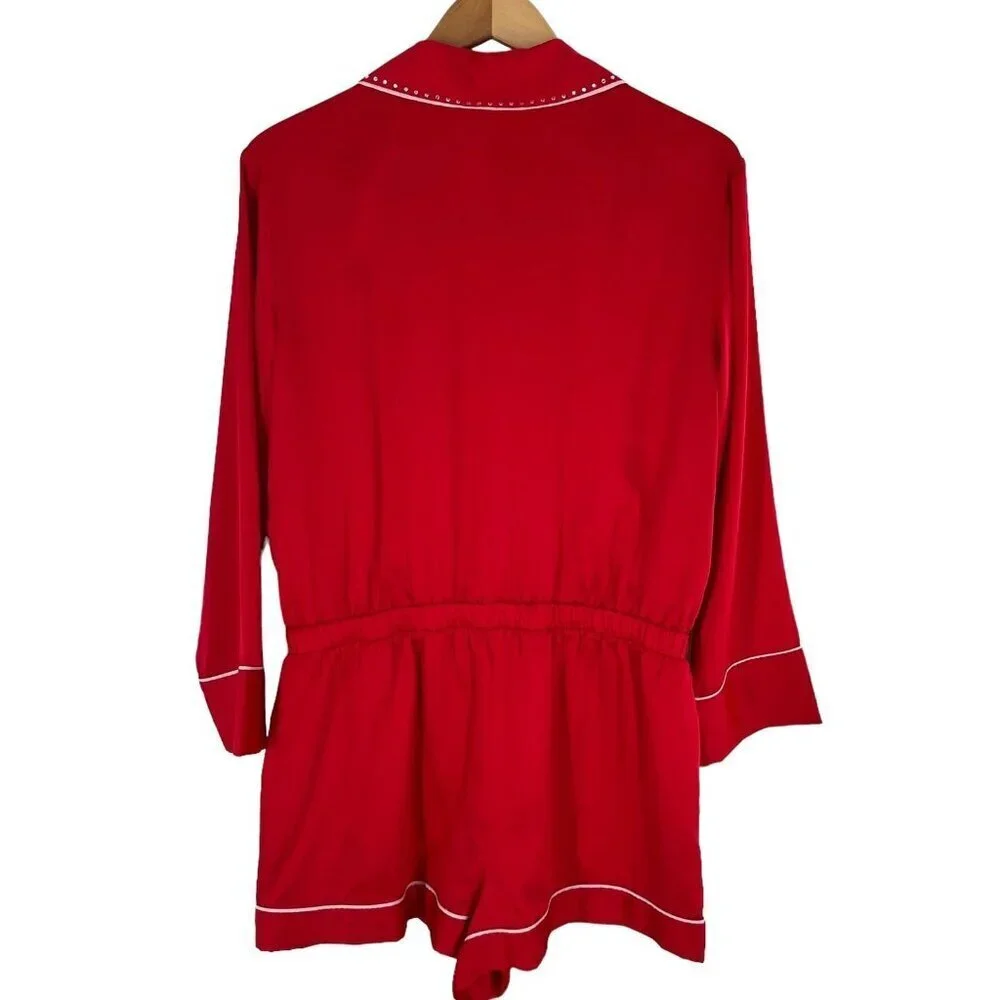 Victoria's Secret Red Satin Rhinestone Romper 1 Piece Pajamas Shorts Size Large
